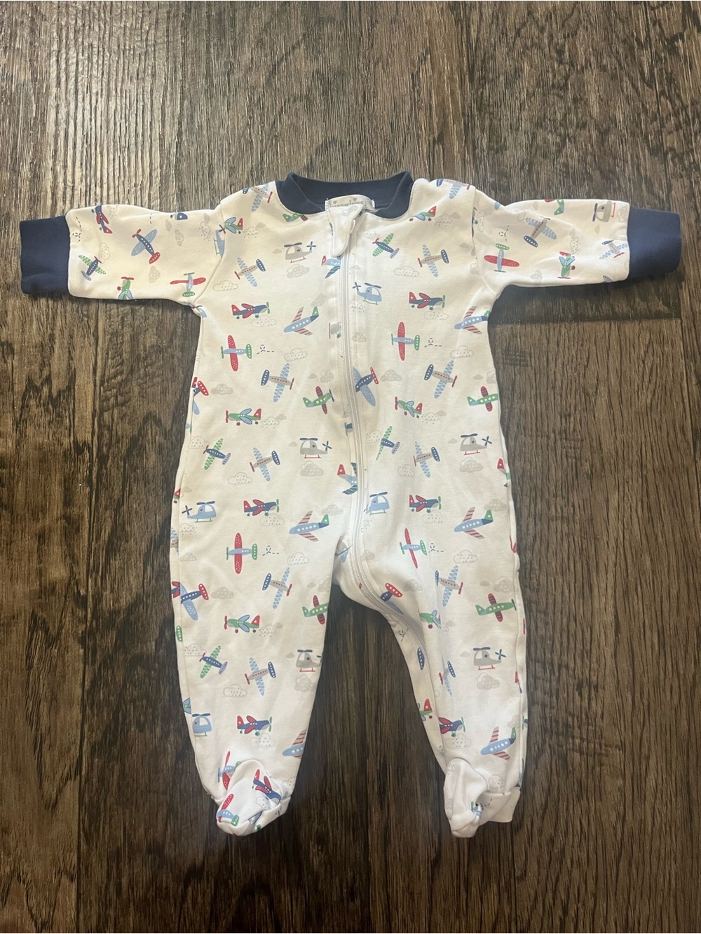 Kissy Kissy White Airplane-Print Footie with Navy Trim